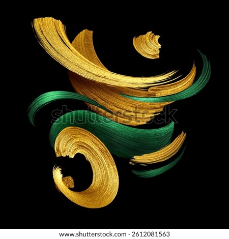 3D rendering, abstract artistic brush strokes. Curved streak. Splash of gold and green paint, liquid metallic splatter, isolated on a black background