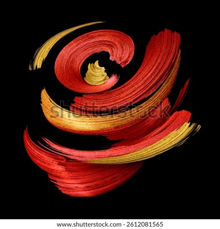 3D rendering, abstract artistic brush strokes. Curved streak. Splash of gold and red paint, liquid metallic splatter, isolated on a black background