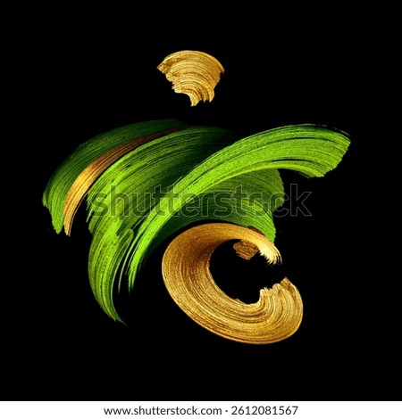3D rendering, abstract artistic brush strokes. Curved streak. Splash of gold and green paint, liquid metallic splatter, isolated on a black background