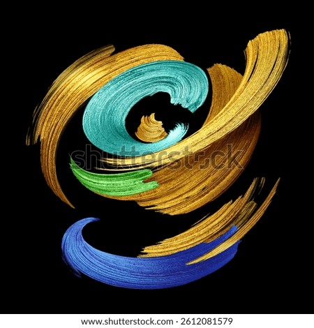 3D rendering, abstract artistic brush strokes. Curved streak. Splash of gold and green blue paint, liquid metallic splatter, isolated on a black background