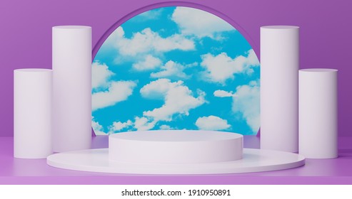 3d rendering, abstract background with blue sky inside the window on the purple wall. Mock up podium for product presentation, Blank showcase mockup 