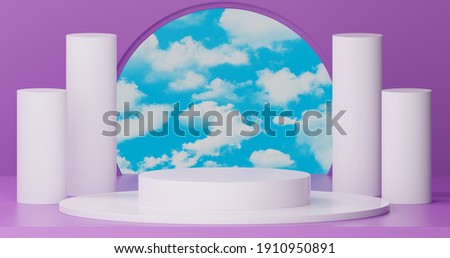 3d rendering, abstract background with blue sky inside the window on the purple wall. Mock up podium for product presentation, Blank showcase mockup 