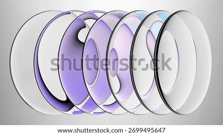 3d rendering. Abstract background. Glass lenses refracting violet blue gradient. Oval transparent pieces