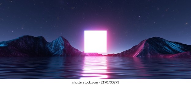 3d rendering  abstract background and landscape   square geometric shape glowing in the dark  Rocks   water under the starry night sky  Fantastic wallpaper