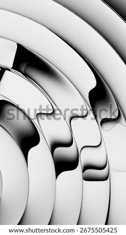 3d rendering. Abstract background of radial ribbed glass. Vertical wallpaper of round lines with silver and chrome gradients