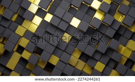 3d rendering abstract background of randomly positioned black and golden cubes. Top view