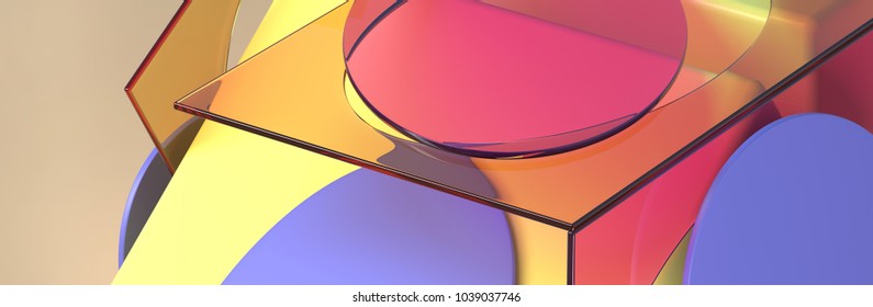 3d rendering abstract background with wavy shapes.Transparent tinted glass and textured rough objects. Colorful geometric composition. Computer generated digital art.