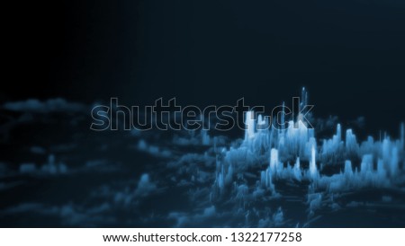 3D Rendering of abstract binary city with data visualization technology. Blue geometry rectangle shapes form up a digital virtual city. For use with big data concept, machine learning, ai.