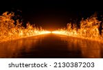 3d rendering, abstract black background with wet long road on fire, blazing flames