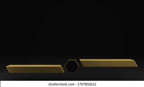 3D Rendering Abstract Of Black And Gold Lower Third,hexagon Golden Frame, Blank Space, Simple Clean Design