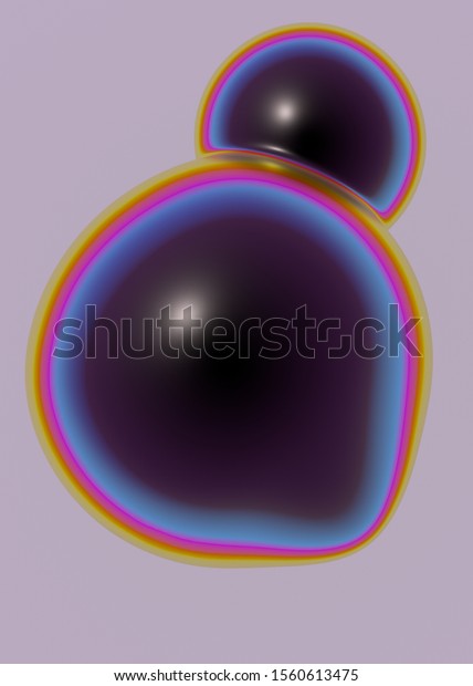 3d rendering abstract black sphere.\
Deformed as dividing cell. Metaball with metallic iridescent\
reflections. Isolated.  Modern design for\
posters