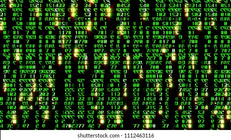 3d rendering abstract blocks of matrix code located in the virtual space. Code on a black background