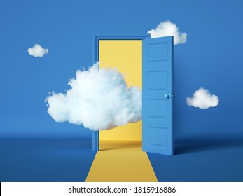 3d Rendering, Abstract Blue Background With Open Door And White Clouds Flying Out. Dream Metaphor, Modern Minimal Concept. Room Interior Scene