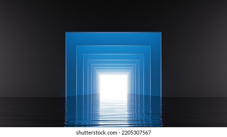 3d Rendering. Abstract Blue Geometric Background, Square Shape Hole Inside The Black Wall, Blue Paper Layers, Reflection In The Calm Water And Bright Light At The End Of Rectangular Tunnel