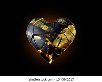 3d Rendering Abstract Broken Heart On A Black Background.