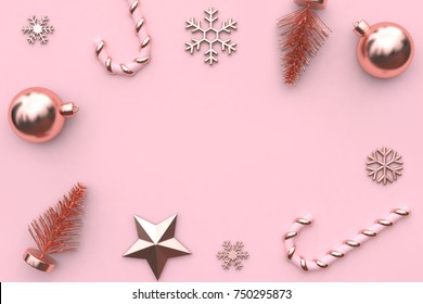 3d rendering abstract christmas background pink metallic glossy-rose gold tree star snow candy minimal pink background christmas holiday new year concept