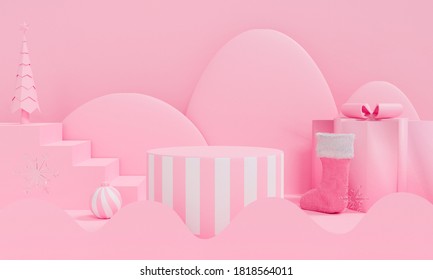 3d rendering of abstract Christmas tree scene pink podium with star snowflake and gift box. Cute Christmas and Happy New Year on pastel background for winter holiday greeting card, mockup in studio.