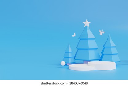 3d rendering of abstract Christmas tree scene blue background and white podium with star snowflake and gift box. Cute Christmas and Happy New Year on pastel background for winter holiday