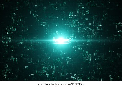 3d rendering. Abstract circuit board futuristic server code processing. Orange, green, blue technology background.