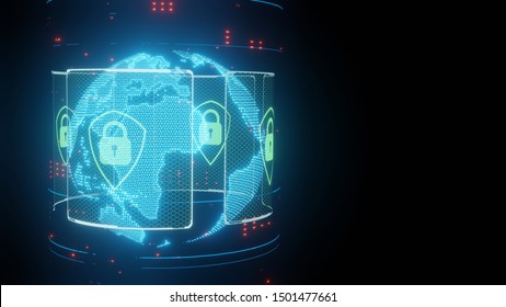 3D Rendering Of Abstract Concept Of Global Internet Cyber Security. Digital Pad Lock On Hexagon Sci Fi Panel On Mesh Globe Shape. Online Threat Monitoring And Protection Worldwide.