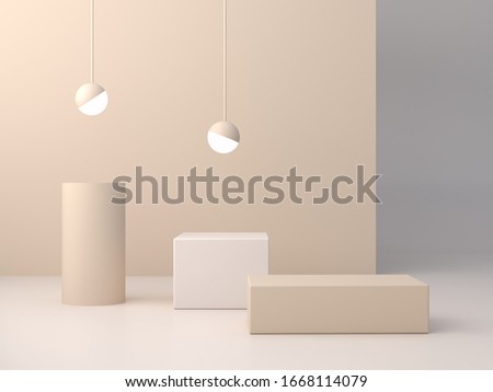 3d rendering, abstract cosmetic background. Minimal podium to show a product. Empty scene with spherical lights . Pastel cream minimal wall. Fashion showcase, display case, shopfront. 
