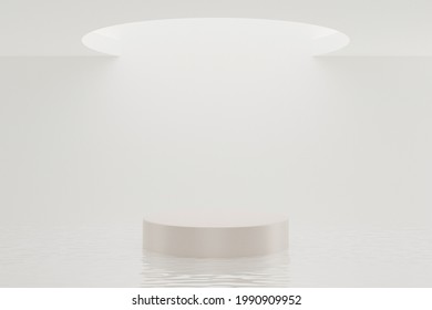 3d Rendering Abstract Cosmetic Display Product Stand On Minimal And Clean Water Background.Circle Soft White Skylight On Blank Round Podium Space