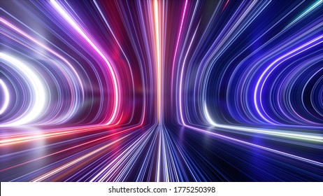 3d Rendering, Abstract Cosmic Background, Ultra Violet Neon Rays, Glowing Lines, Cyber Network, Speed Of Light, Space-time Continuum