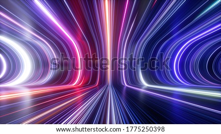 3d rendering, abstract cosmic background, ultra violet neon rays, glowing lines, cyber network, speed of light, space-time continuum