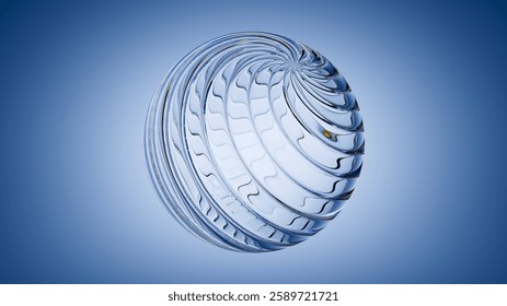 3D rendering. Abstract crystal sphere, clear ball with ribbed glass texture, isolated on light blue background