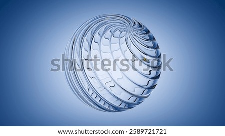 3D rendering. Abstract crystal sphere, clear ball with ribbed glass texture, isolated on light blue background