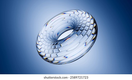 3D rendering. Abstract crystal torus, clear ring with ribbed glass texture, isolated on light blue background