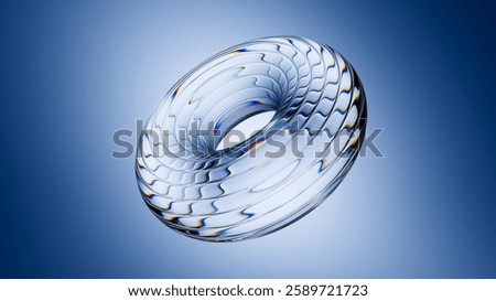 3D rendering. Abstract crystal torus, clear ring with ribbed glass texture, isolated on light blue background