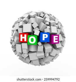 3d rendering of abstract cubes boxes sphere ball of word text hope