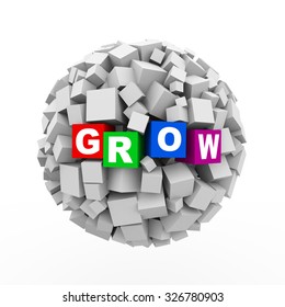 3d rendering of abstract cubes boxes sphere ball of word text grow
