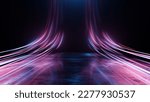 3D Rendering of abstract curve neon light with reflection from puddles on grunge surface floor. For product, business technology, car background
