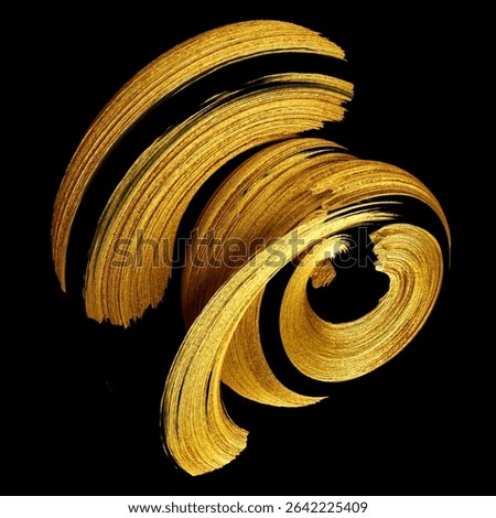 3D rendering, abstract curved calligraphic brushstroke. Wavy streak. Splash of gold paint, liquid metallic splatter, isolated on a black background