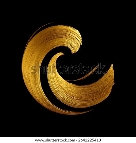 3D rendering, abstract curved calligraphic brushstroke. Wavy curl. Splash of gold paint, liquid metallic splatter, isolated on a black background