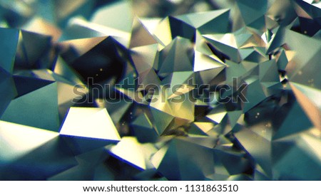 3D rendering abstract dark green triangle metal geometric form with chromatic aberration effects background