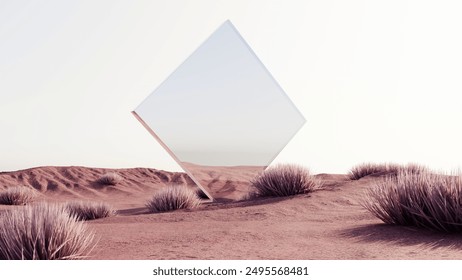 3D rendering of an abstract desert landscape with mirrored geometric objects. Minimalist design with sand dunes and reflective elements.Surreal landscape for product advertising
