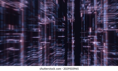 3D Rendering Of Abstract Digital Circuit And Data With Led Leading Light. Concept For Data Mining, Big Data, Machine Learning, Data Discovery Technology, Customer Product Analysis, Tech Background.