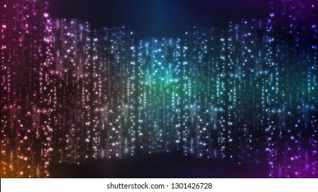 3D Rendering of abstract digital city concept. Buildings created from glowing colorful dots and lines. For use with deep machine learning, crypto currency, Big data visualization, Data center theme.