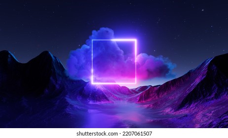 3d rendering  Abstract fantastic neon background  Terrain landscape and glowing square frame  stormy cloud   mountains at night