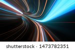 3D Rendering of abstract fast moving stripe lines with glowing sun light flare. High speed motion blur. Concept of leading in business, Hi tech products, warp speed wormhole science.