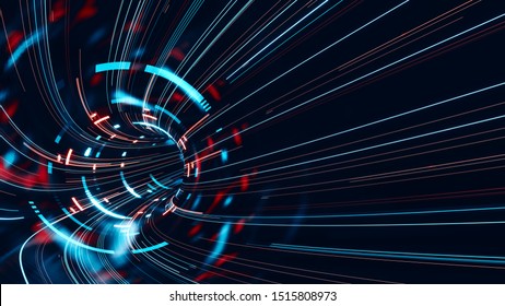 3D Rendering Of Abstract Fast Moving Stripe Lines With Glowing Tech Led Light Flare. High Speed Motion Blur. Concept Of Leading In Business, Hi Tech Products, Warp Speed Wormhole Science, Data Pipe.