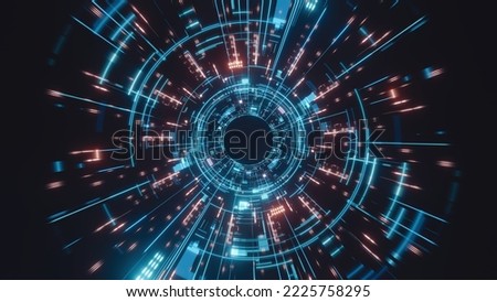 3D Rendering of abstract fast moving stripe lines with glowing blue light flare. High speed motion blur. Concept of leading in business, Hi tech products, warp speed, wormhole, science background