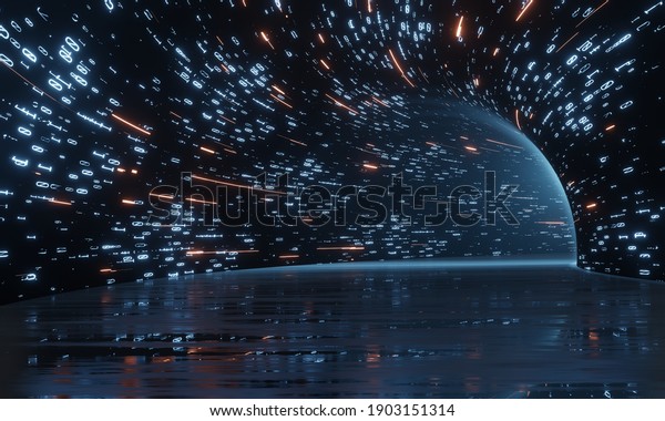 3D Rendering\
of abstract fast moving binary computer data with reflection on\
glossy floor. High speed communication. Concept of Hi tech\
products, advanced technology\
evolution