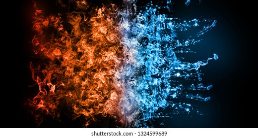 3D Rendering of abstract Fire and Iced-water element against (vs) each other background. Heat and Cold concept