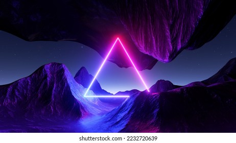 3d rendering  Abstract futuristic neon background  Fantastic landscape and glowing geometric triangular frame   mountains