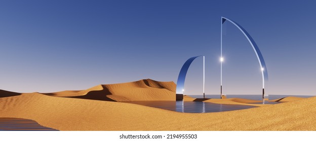 3d Rendering, Abstract Futuristic Panoramic Background. Desert Landscape With Sand Dunes, Calm Water And Glass Geometric Shapes Under The Clear Blue Sky. Minimalist Aesthetic Wallpaper