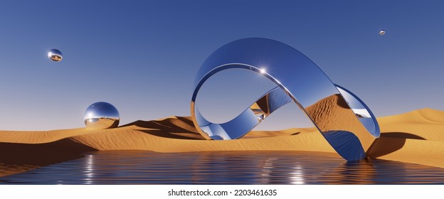 3d Rendering, Abstract Futuristic Panoramic Background. Desert Landscape With Sand Dunes, Calm Water And Mirror Shapes Under The Clear Blue Sky. Minimalist Aesthetic Wallpaper